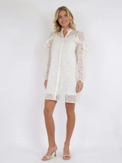 Abby Embroidery Kjole, Ivory, 34