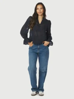 Amara Big Embroidery Bluse, Navy, 40