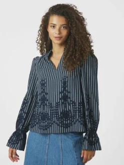 Amara Stripe Emb Bluse, Navy, 40