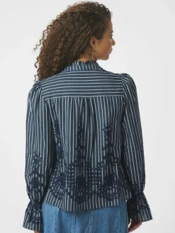 Amara Stripe Emb Bluse, Navy, 40