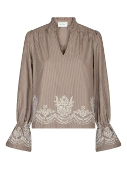 Amara Striped Emb Bluse, Camel, 36