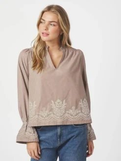 Amara Striped Emb Bluse, Camel, 36