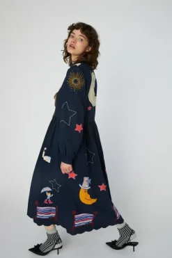 Bead Embellished Midi Kjole, Navy, 38