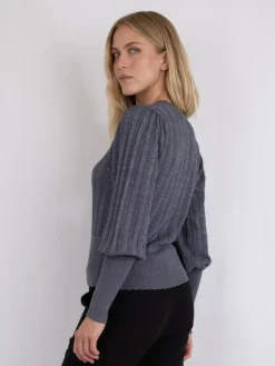 Dary Glitter Strikbluse, Steel Grey, 34