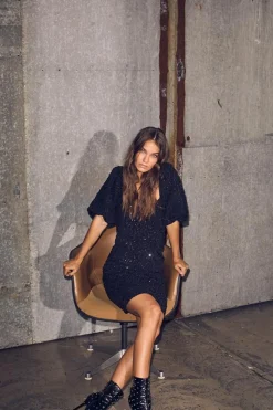 Dazzy Crease Sequin Kjole, Black, M