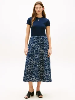 Ess Linen Flare Midi Nederdel, Flag Feathers Dark Night Navy, XL