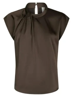 Fleur Drapy Satin Bluse, Dark Brown, 38