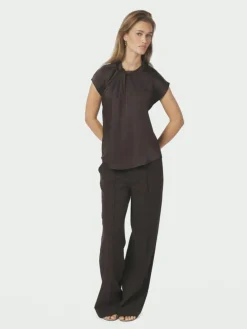 Fleur Drapy Satin Bluse, Dark Brown, 38