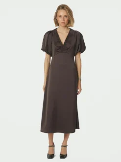 Illana Heavy Sateen Kjole, Dark Brown, 40