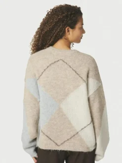 Inga Check Fluff Knit Striktrøje, Beige Melange, 36