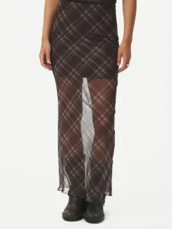 Marlise Check Mesh Nederdel, Dark Brown, 42