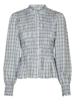 Mocca Smock Check Bluse, Light Blue, 40