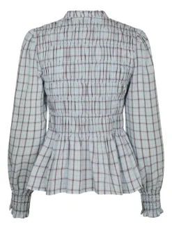 Mocca Smock Check Bluse, Light Blue, 40