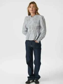 Mocca Smock Check Bluse, Light Blue, 40