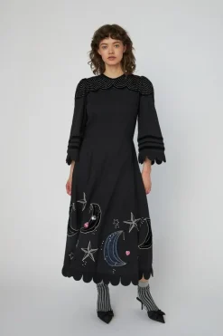 Moon and Star Embroidered Midi Kjole, Black, 40