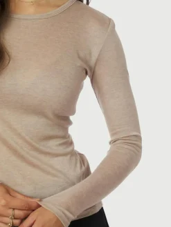Nella Fine Rib Bluse, Beige Melange, 38