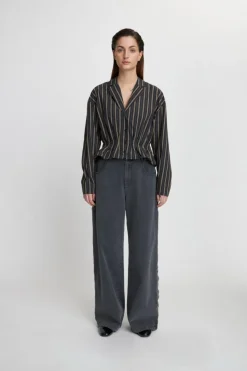 Plisseret Skjorte, Dark Striped, 36