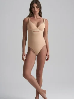 Soft Touch Seamless Open Bust Bodysuit, Beige, L