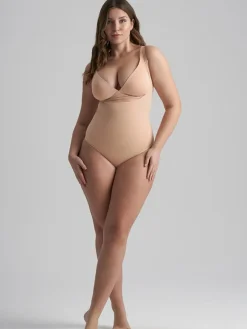 Soft Touch Seamless Open Bust Bodysuit, Beige, L