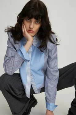 Stribet Cropped Skjorte, Blue Stripes, 42