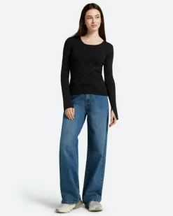 Twisti O-neck Strikbluse, Black, M