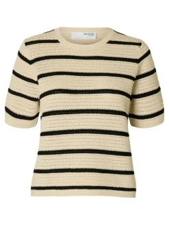 Vinna Structure Strikbluse, Birch/Black, M