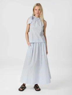 Yara Stripe Poplin Long Nederdel, Light Blue, 36